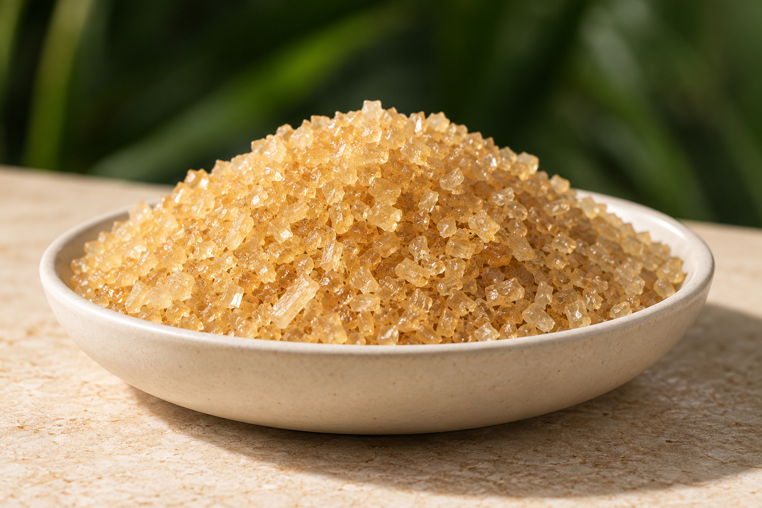Illustrative photograph of golden raw cane sugar crystals